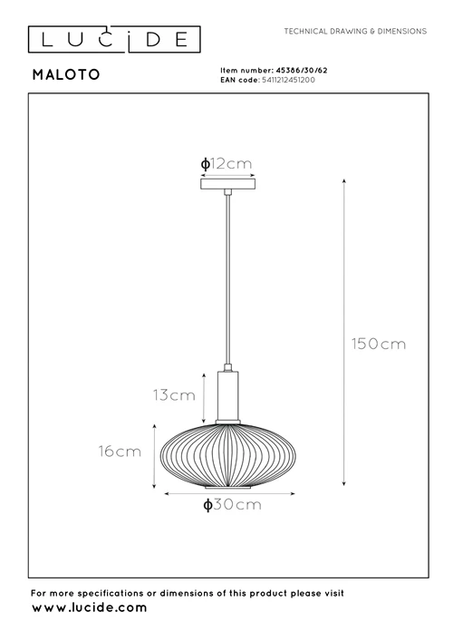 Lucide MALOTO - Pendant light - Ø 30 cm - 1xE27 - Amber - technical